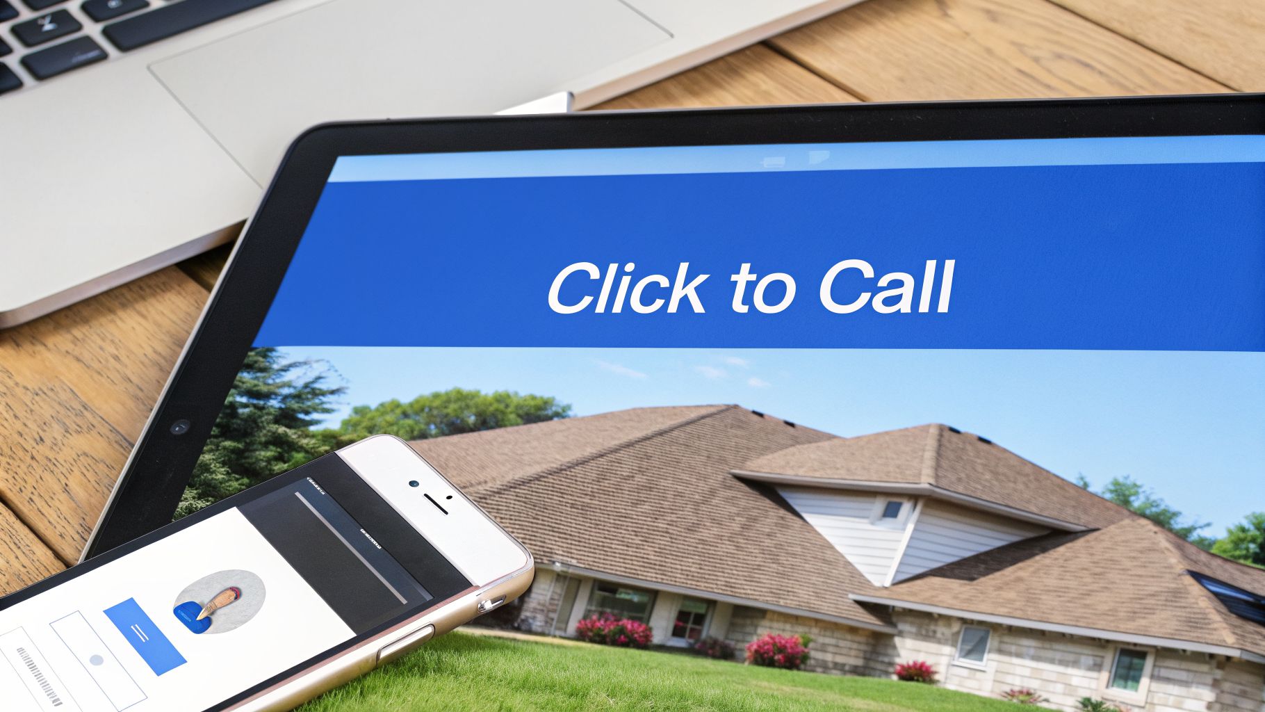 A tablet and smartphone display a 'Click to Call' ad for a house with a roof.