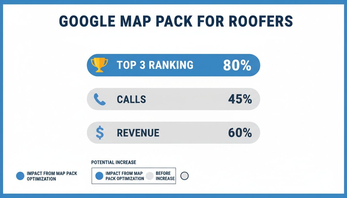 Infographic showing potential increases for roofers from Google Map Pack optimization, including 80% top 3 ranking, 45% calls, and 60% revenue.