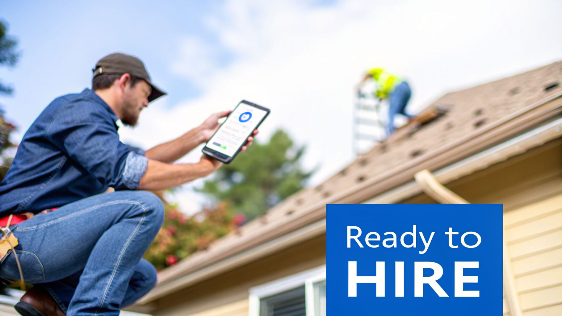 Professional roofers on a house, one using a tablet for work management, signaling 'Ready to HIRE'.