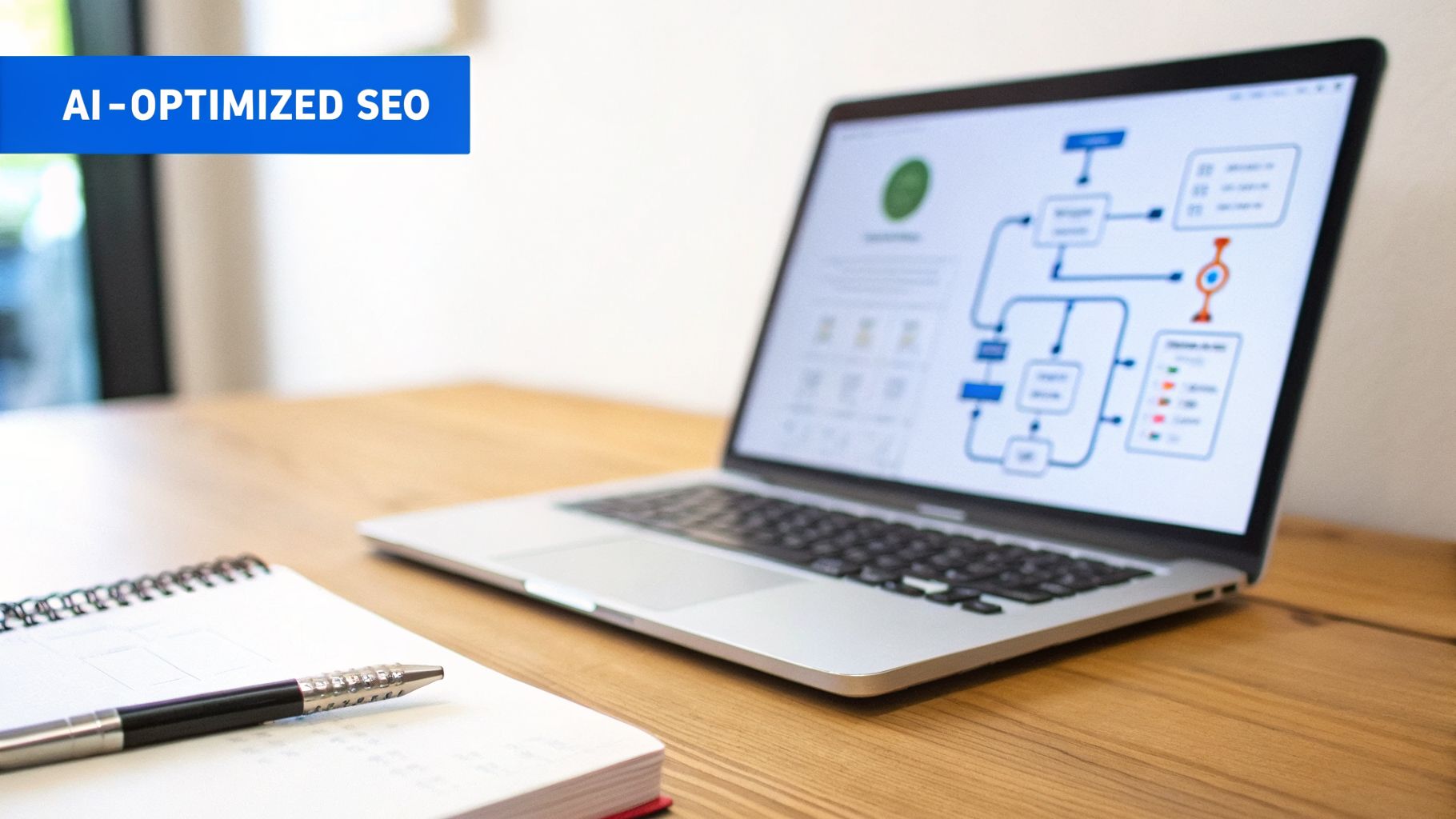 A laptop displaying a complex flowchart and data, with a notebook and pen, on a wooden desk. A blue banner states "AI-OPTIMIZED SEO."