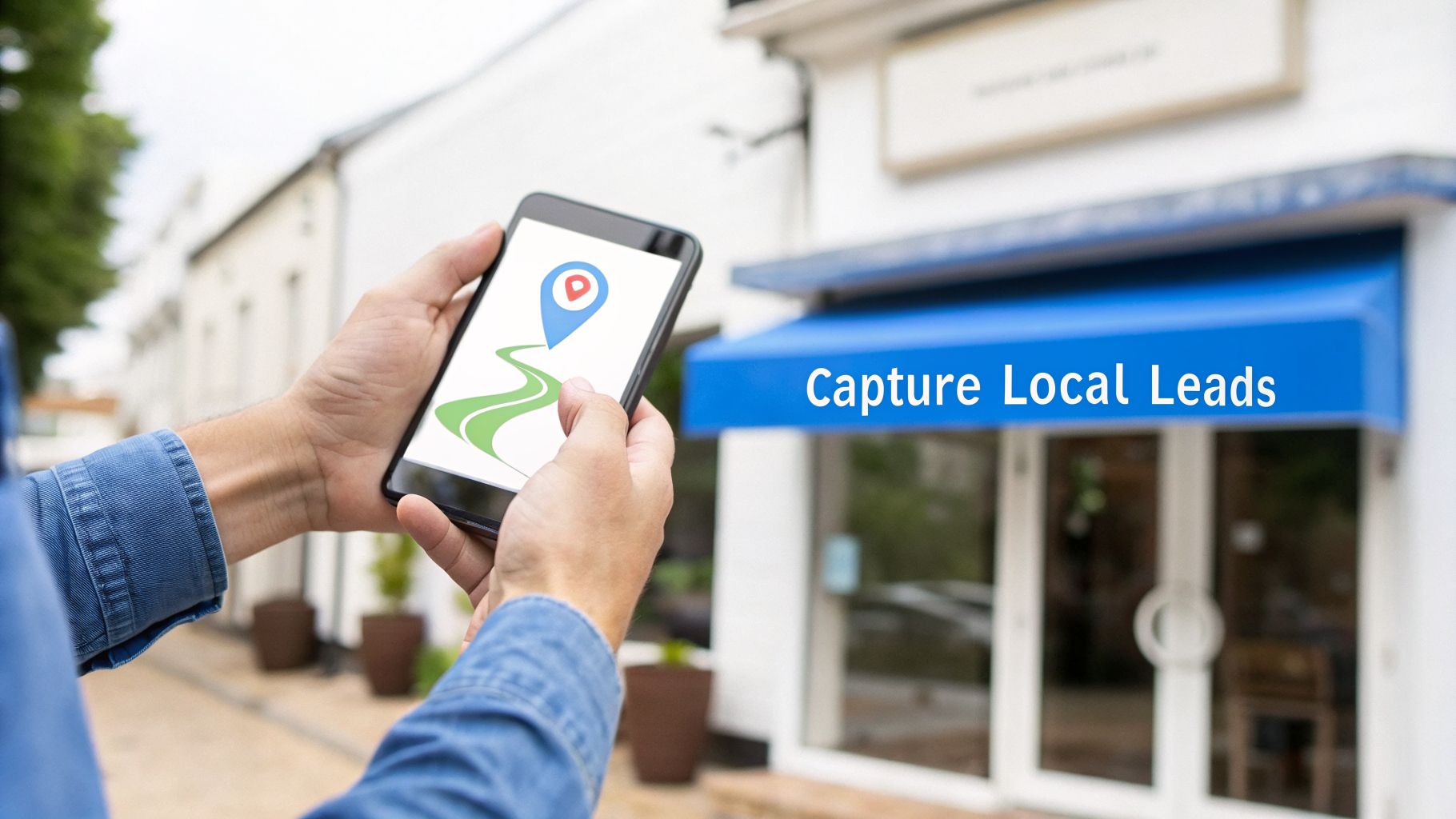Hands holding a smartphone displaying a map with a location pin, in front of a storefront advertising 'Capture Local Leads'.