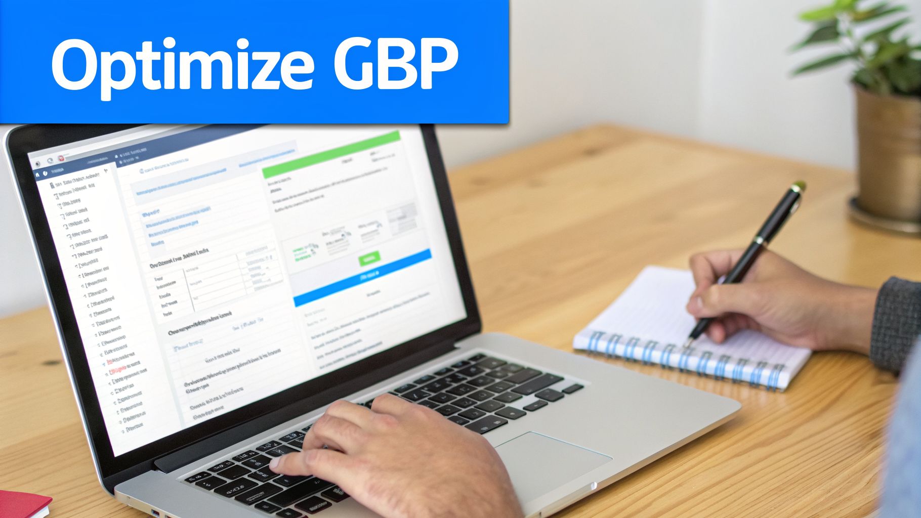 Close-up of hands typing on a laptop and writing in a notebook, with 'Optimize GBP' banner.