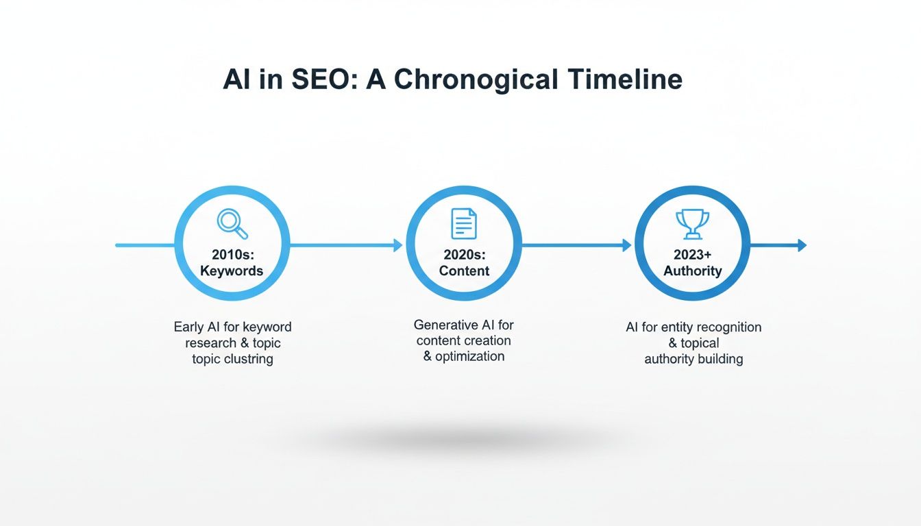 A chronological timeline illustrating the development of AI applications in SEO over the decades.