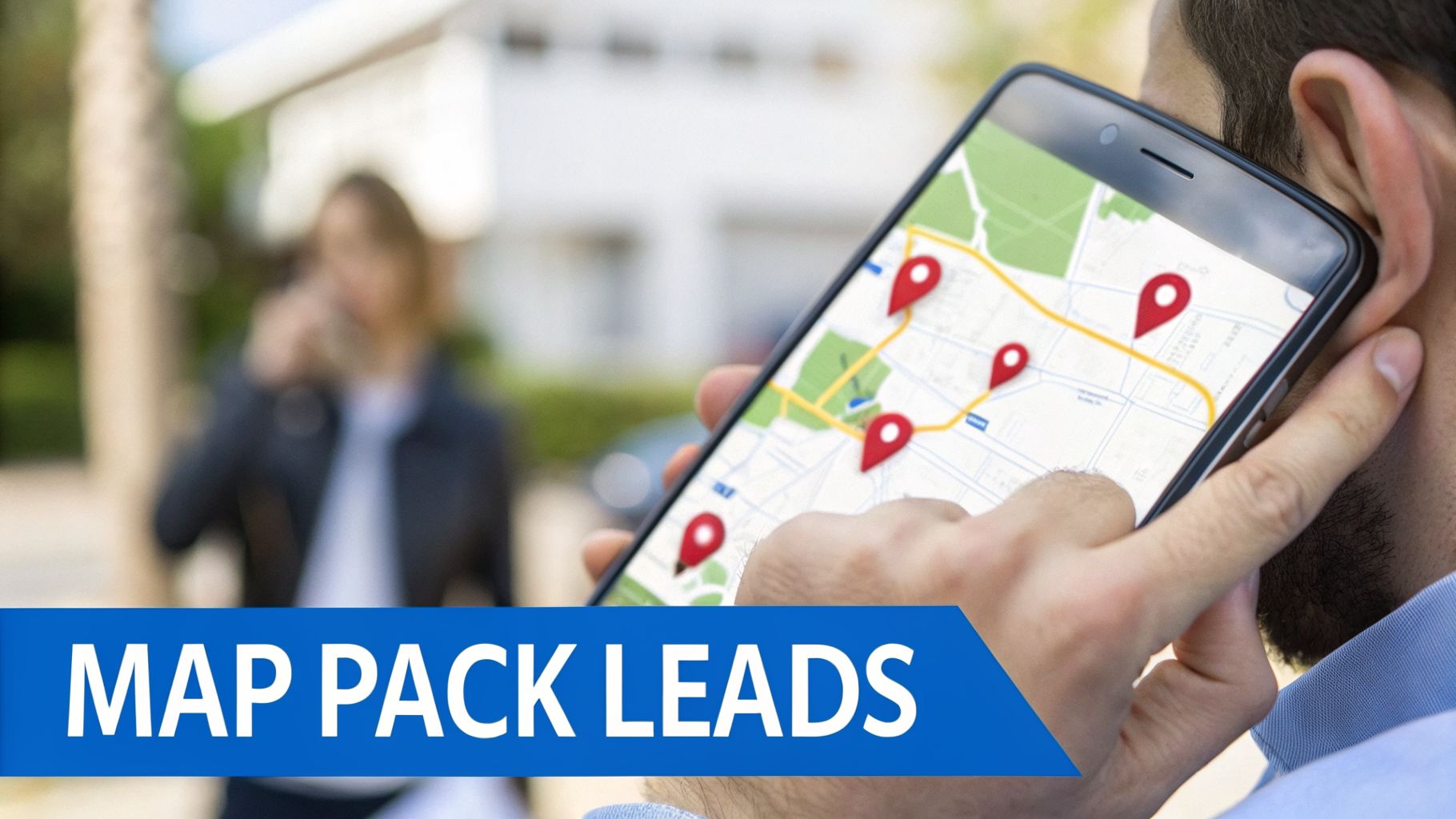 A man holds a smartphone displaying a map with red location pins, suggesting map pack leads.