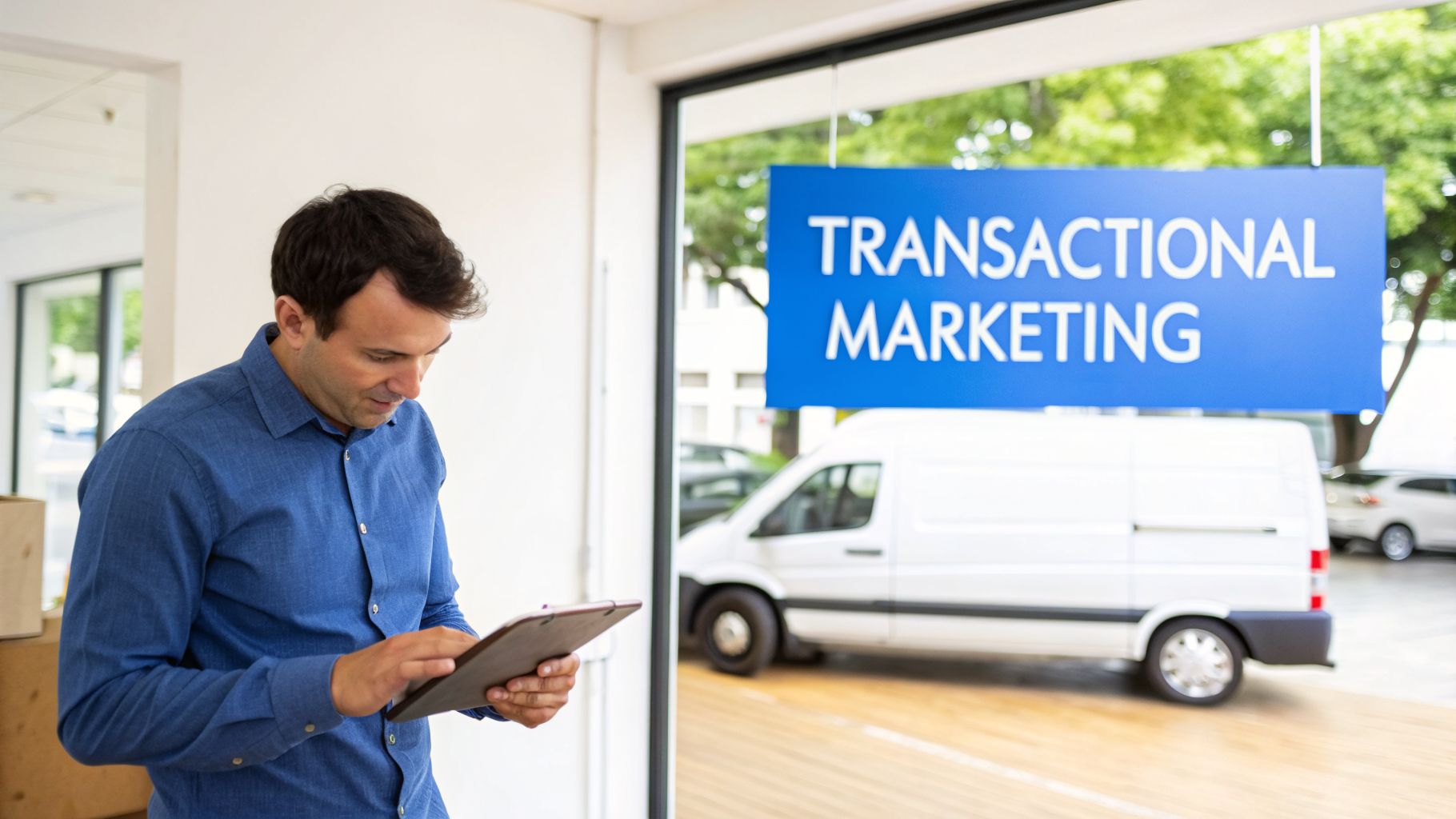 Man in blue shirt using a tablet inside an office with a 'Transactional Marketing' sign outside.