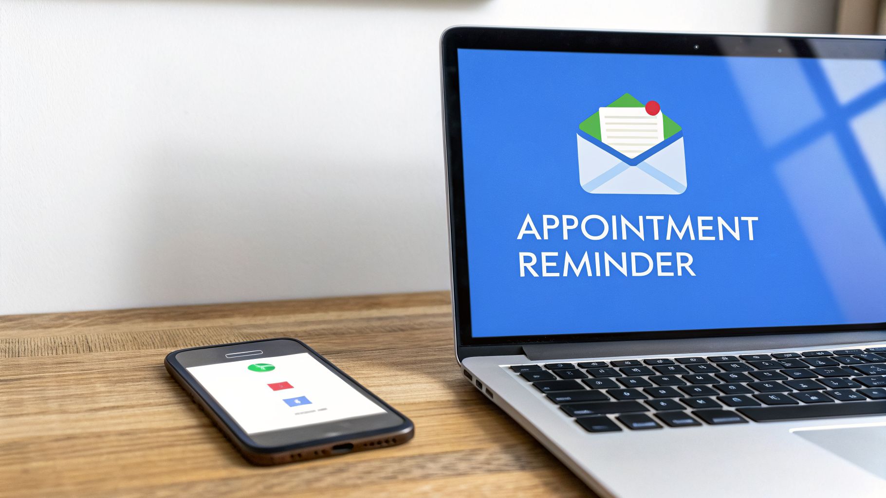 A laptop displaying an 'APPOINTMENT REMINDER' message with an envelope icon, next to a smartphone on a wooden desk.