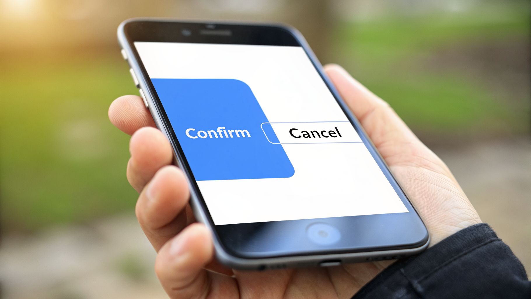 A hand holds a smartphone displaying a prominent blue 'Confirm' button and a white 'Cancel' option.