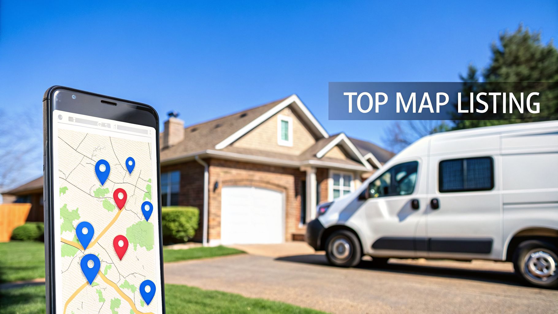 Smartphone displaying a map with local business pins in front of a house and a white delivery van.