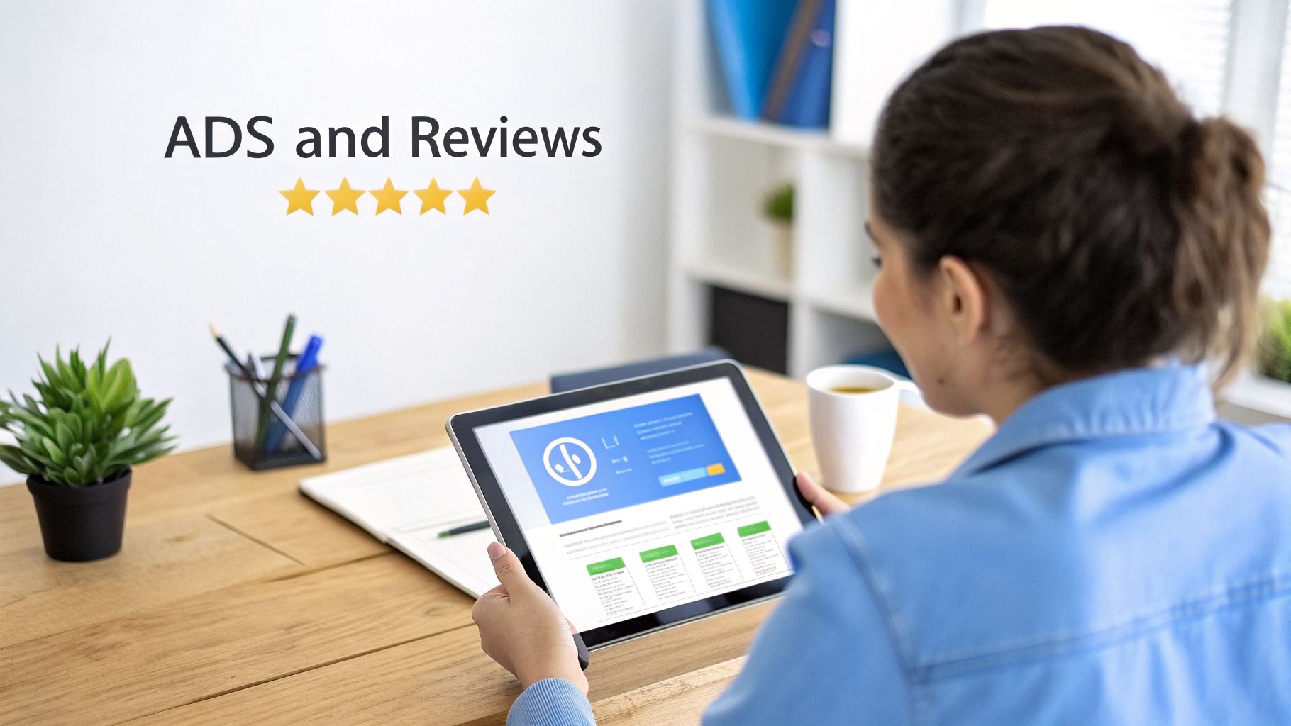 A person viewing a tablet with digital marketing content, featuring 'ADS and Reviews' text and five stars.