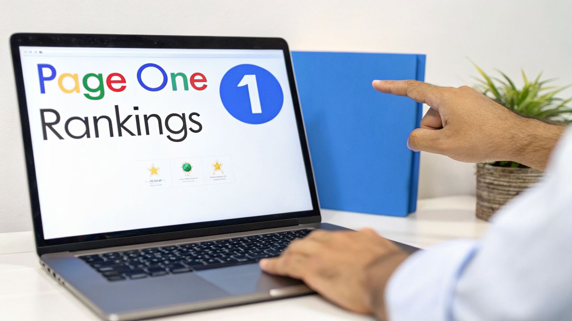 Laptop displaying 'Page One Rankings' with a blue circle '1', a hand pointing, symbolizing SEO success.