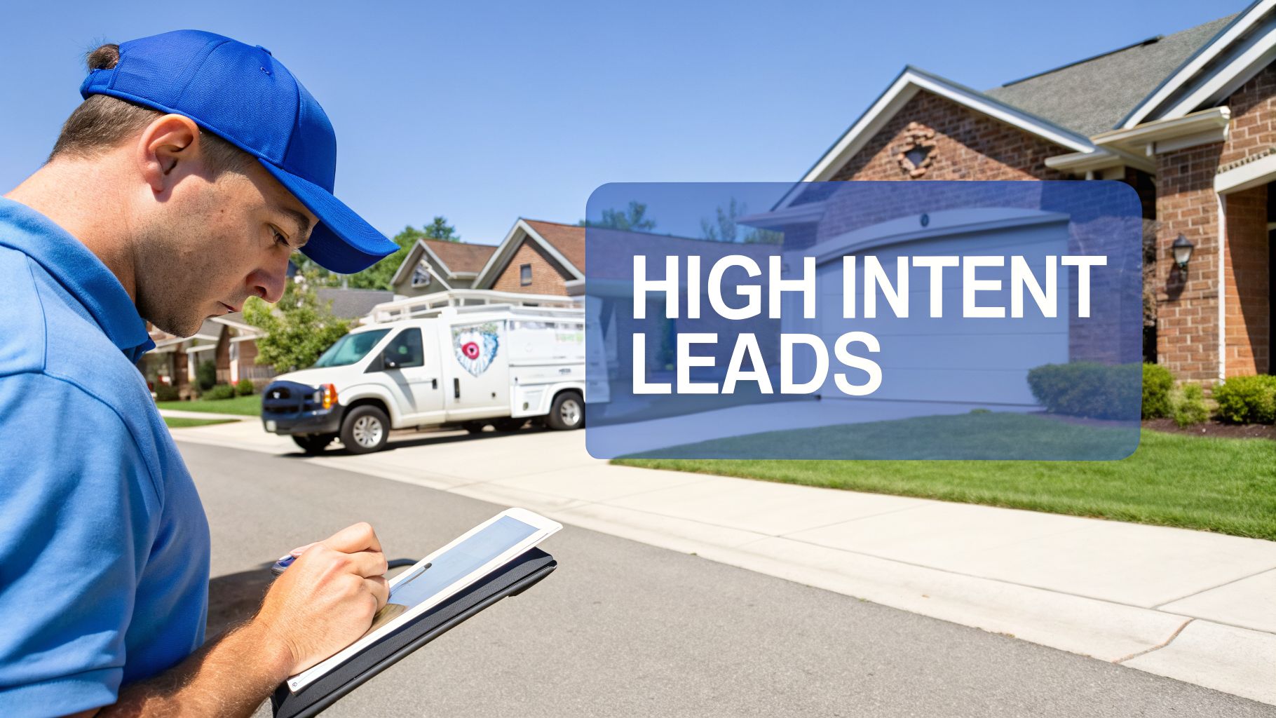 Service technician in blue uniform uses a tablet, with a white service van and residential homes in the background. Overlay text: High Intent Leads.
