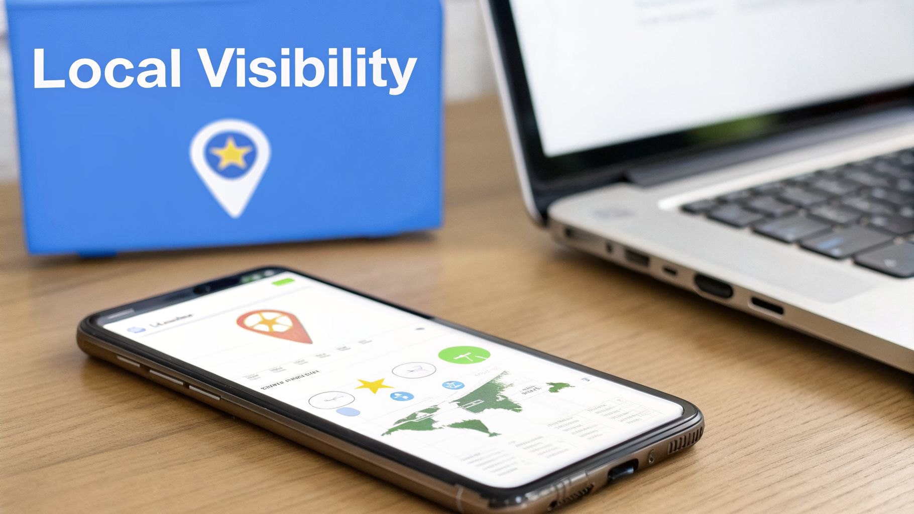 A smartphone displaying a local visibility app with a map and star, next to a laptop and a blue box.