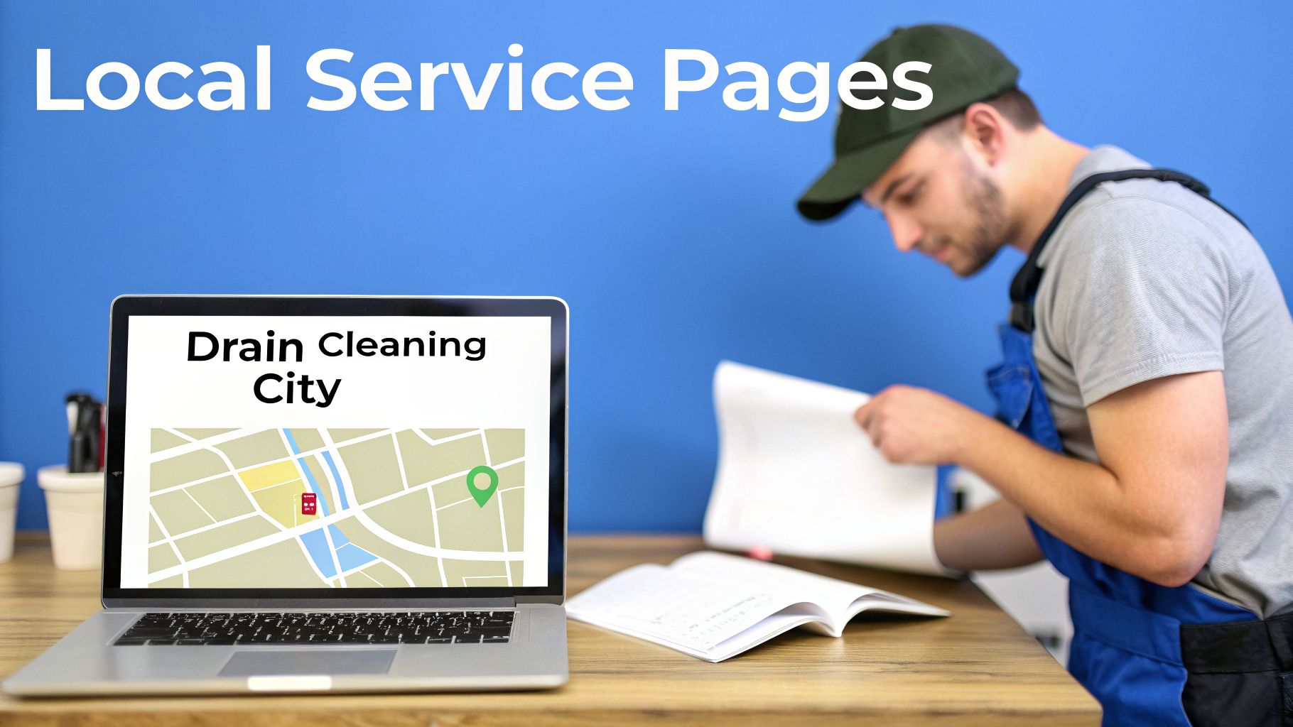 A laptop shows 'Drain Cleaning City' on a map, next to a man reviewing documents for local services.