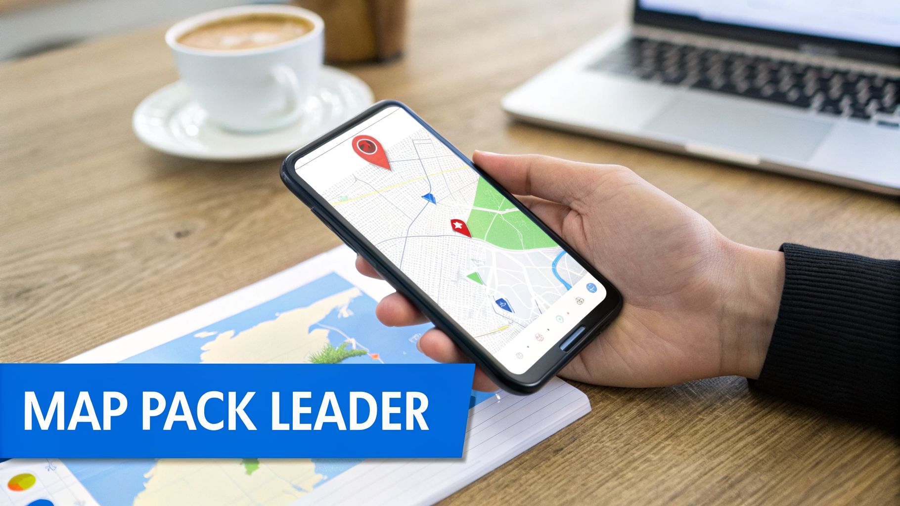 A hand holds a smartphone displaying a map app with location pins on a wooden desk next to a coffee cup and laptop.