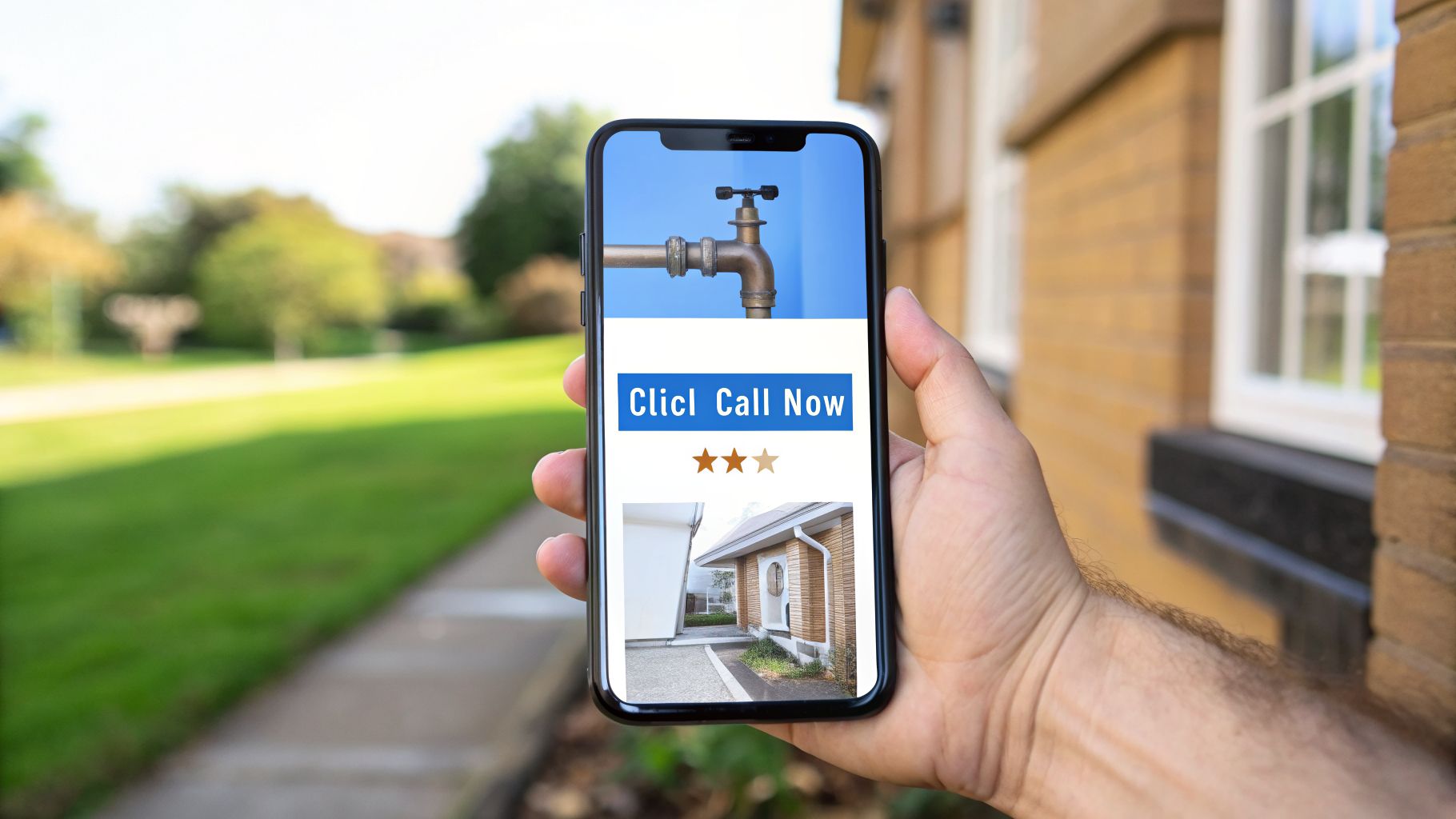 A hand holding a smartphone showing an ad for plumbing services featuring a faucet and a "Call Now" button.