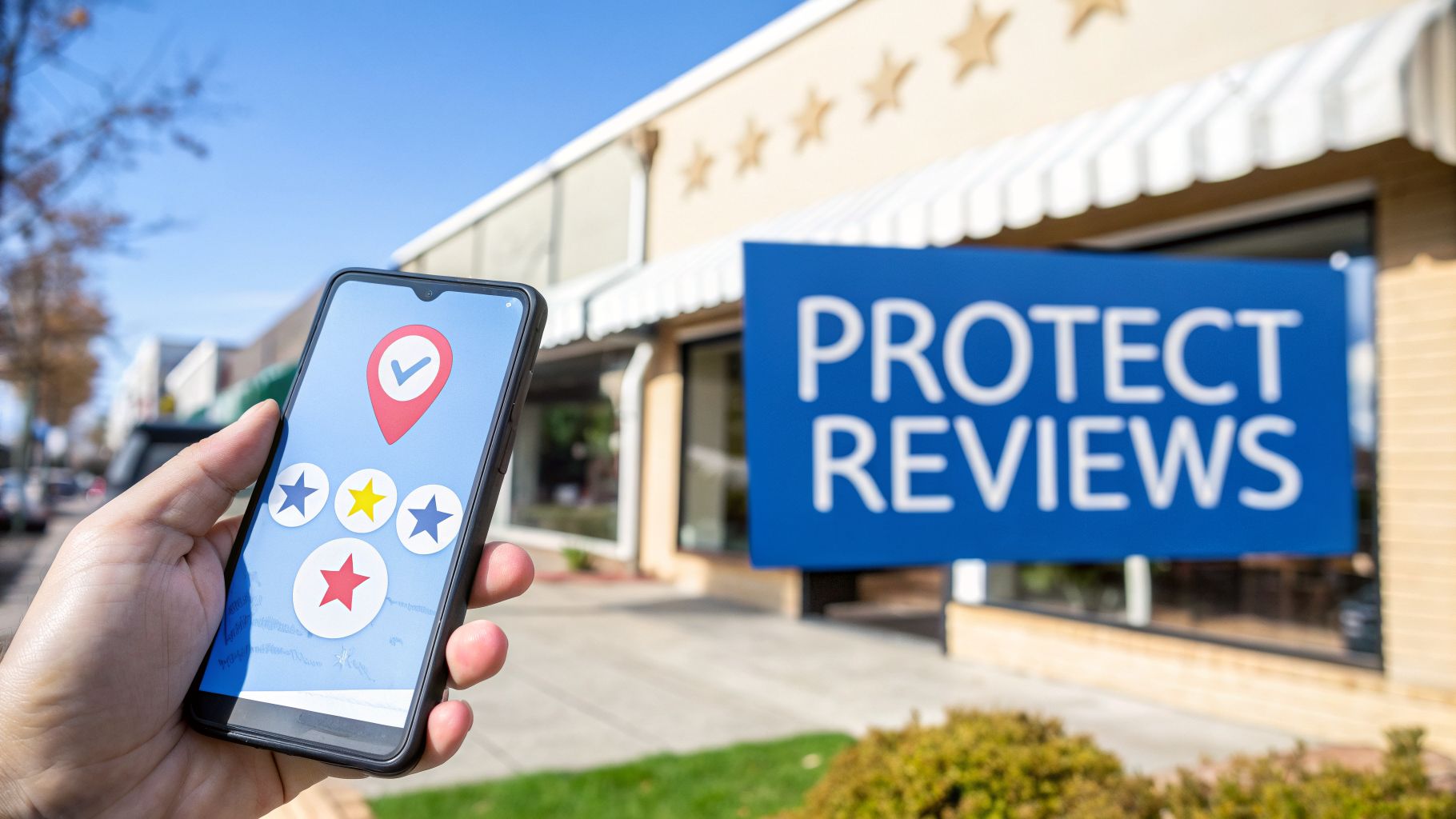 Mobile phone displaying five-star reviews and a location pin in front of a 'PROTECT REVIEWS' business sign.