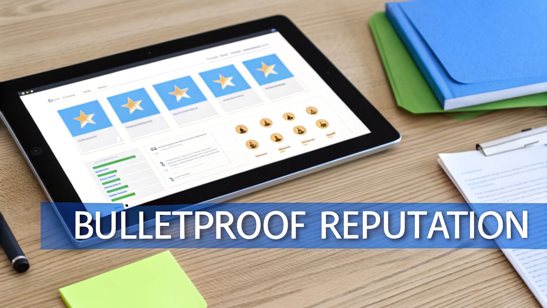 A tablet on a wooden desk displays a 'reputation' dashboard with star ratings and data, alongside office supplies.