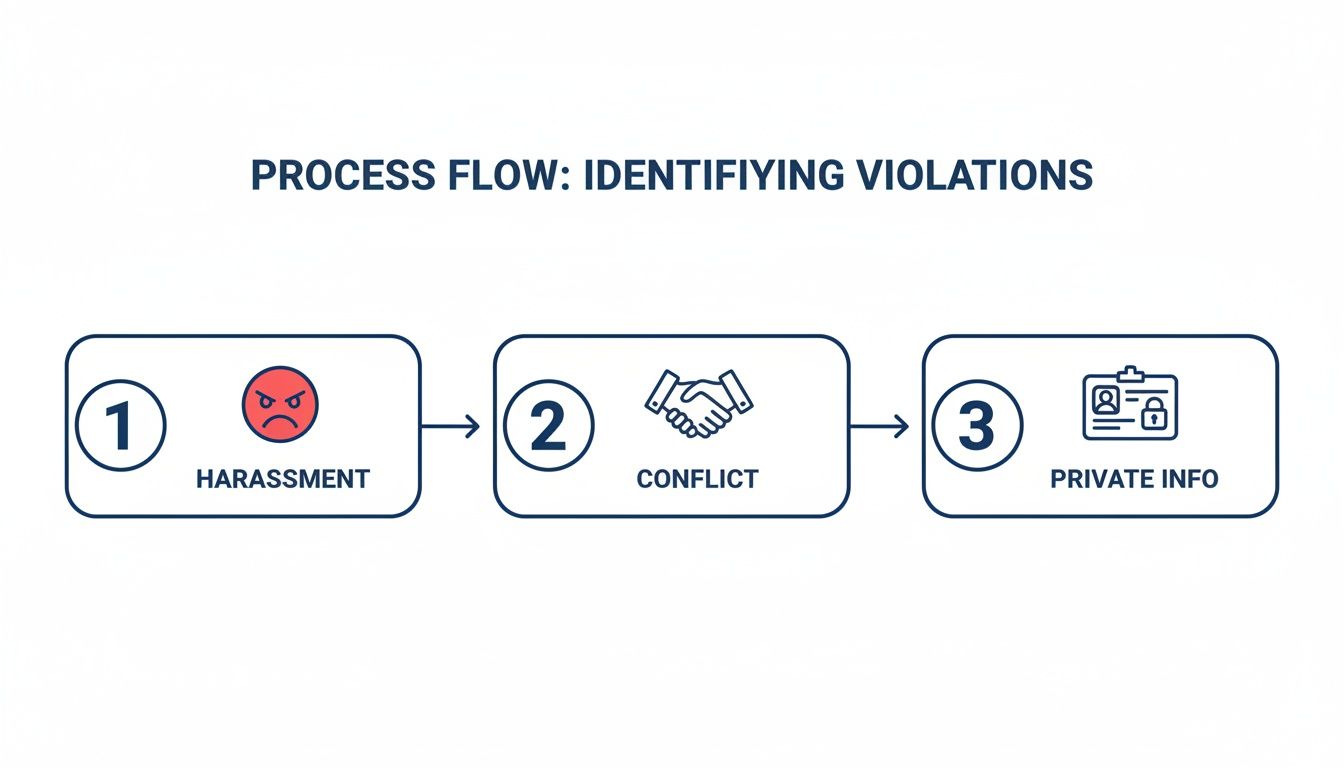 A process flow diagram illustrating three types of violations: harassment, conflict, and private info.