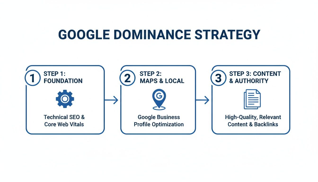 Diagram illustrating a three-step Google dominance strategy for SEO, covering technical foundation, local, and content.