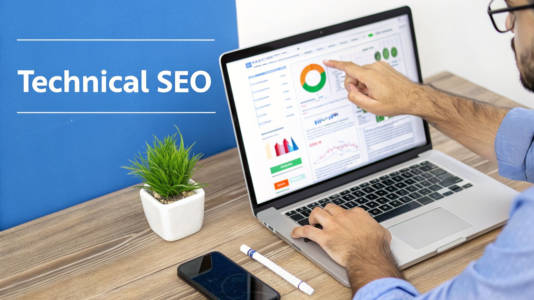 Person working on a laptop displaying data charts with 'Technical SEO' text on a blue background.