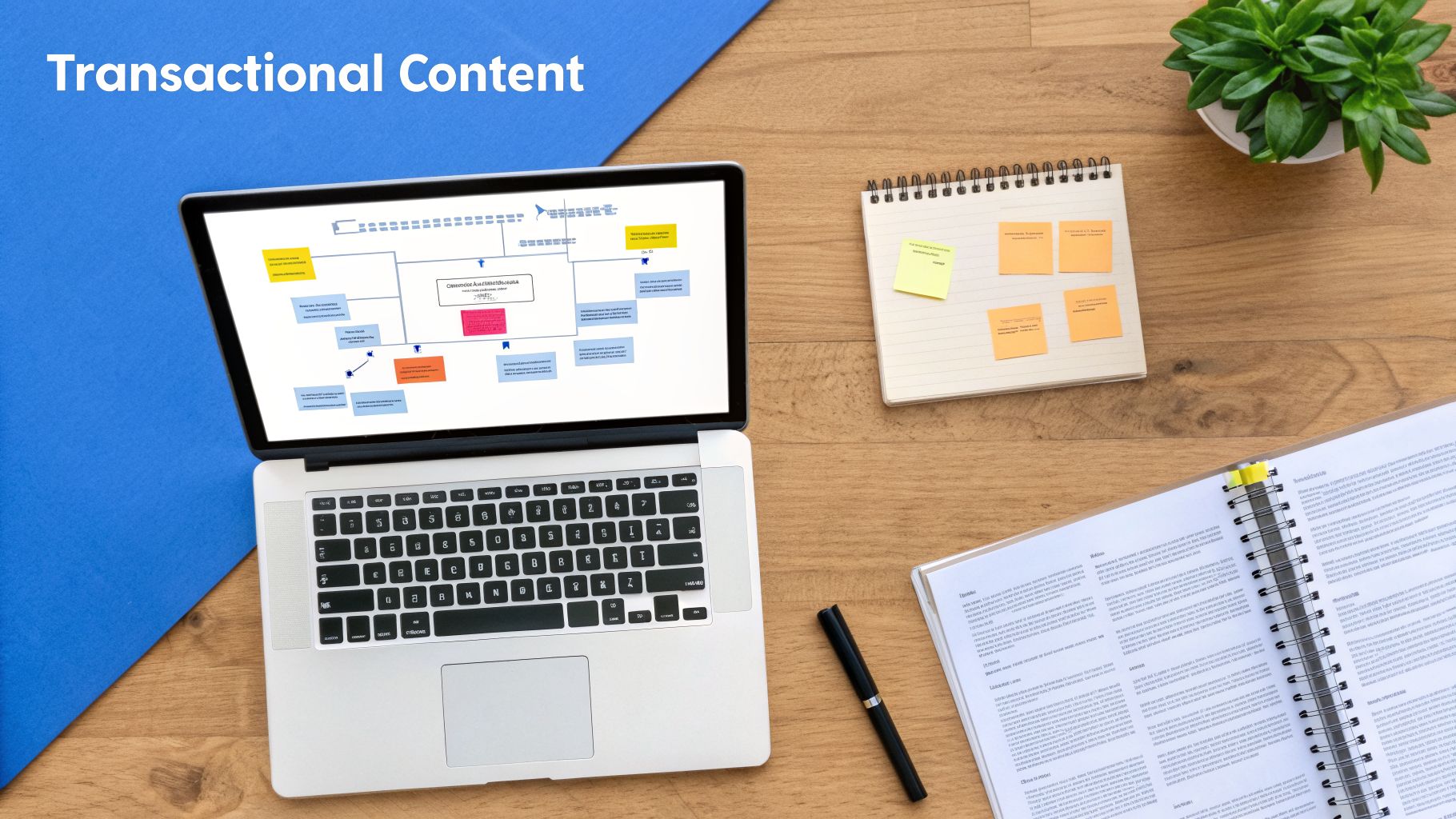 A flat lay shows a laptop displaying a business diagram, notebooks, sticky notes, and a plant on a wooden desk.