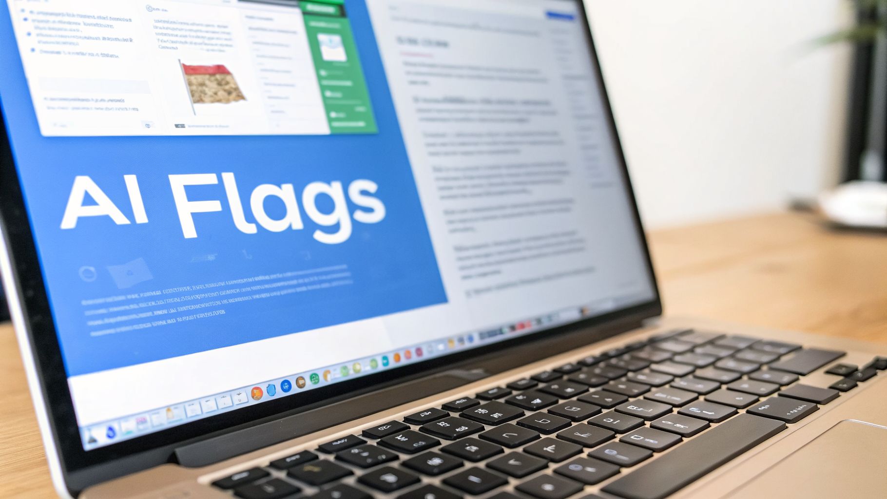 A laptop screen displays "AI Flags" in white text on a blue background with a webpage visible.