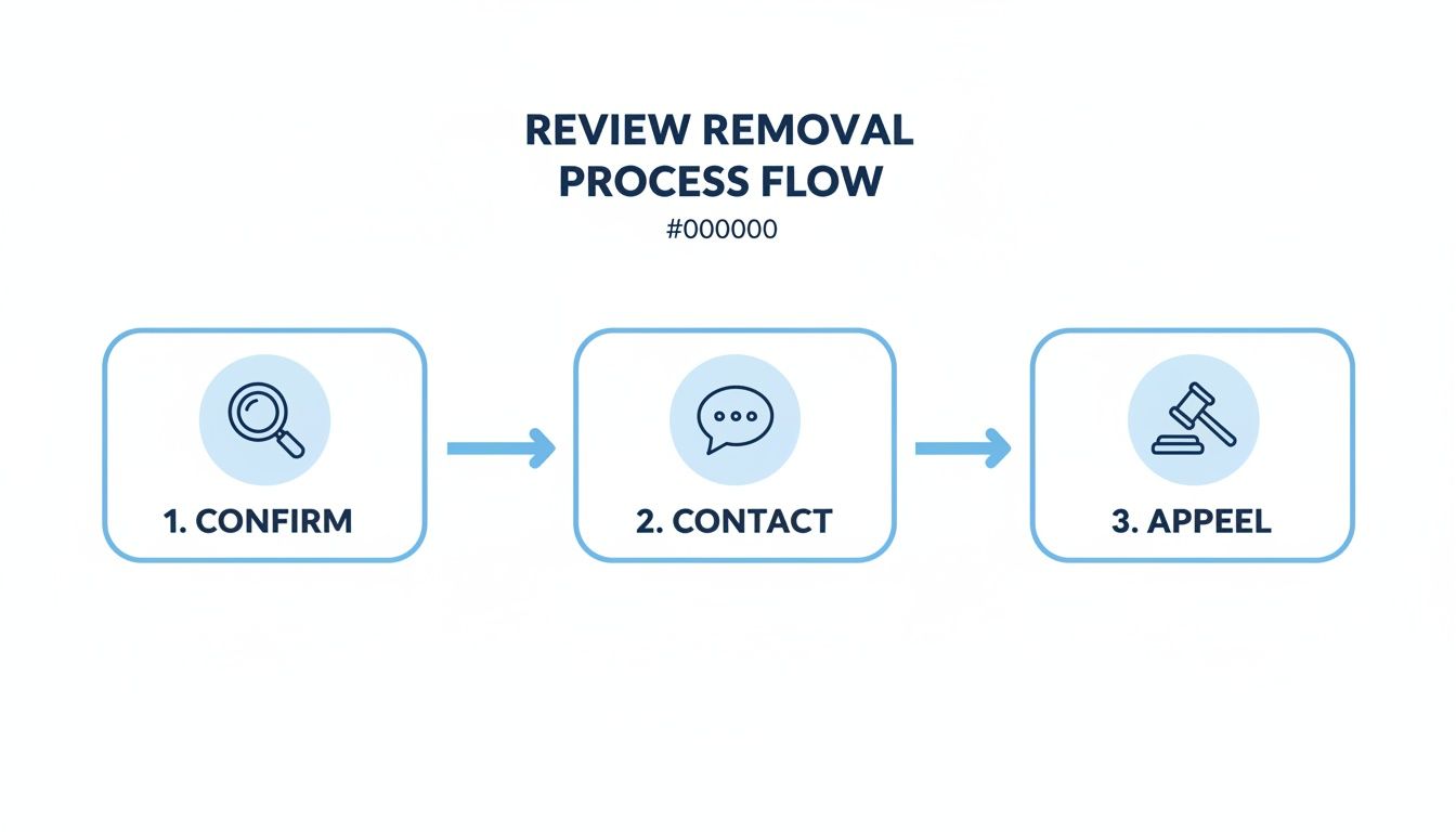 Flowchart illustrating the three-step review removal process: confirm, contact, and appeal.