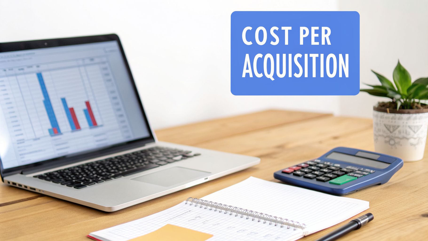 Wooden desk with laptop showing charts, calculator, notebook, and 'COST PER ACQUISITION' text.