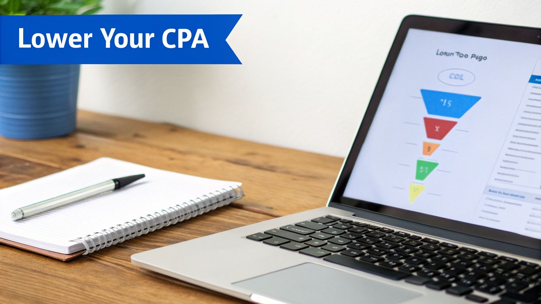 Laptop displaying a sales funnel chart and 'Lower Your CPA' banner, with a notebook and pen.