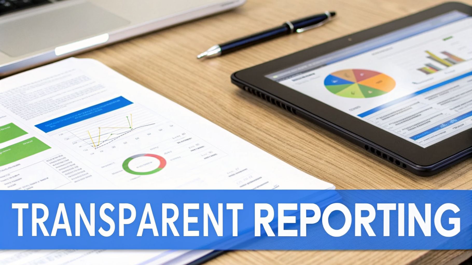 A desk with a laptop, pen, paper report, and tablet displaying data visualizations for transparent reporting.