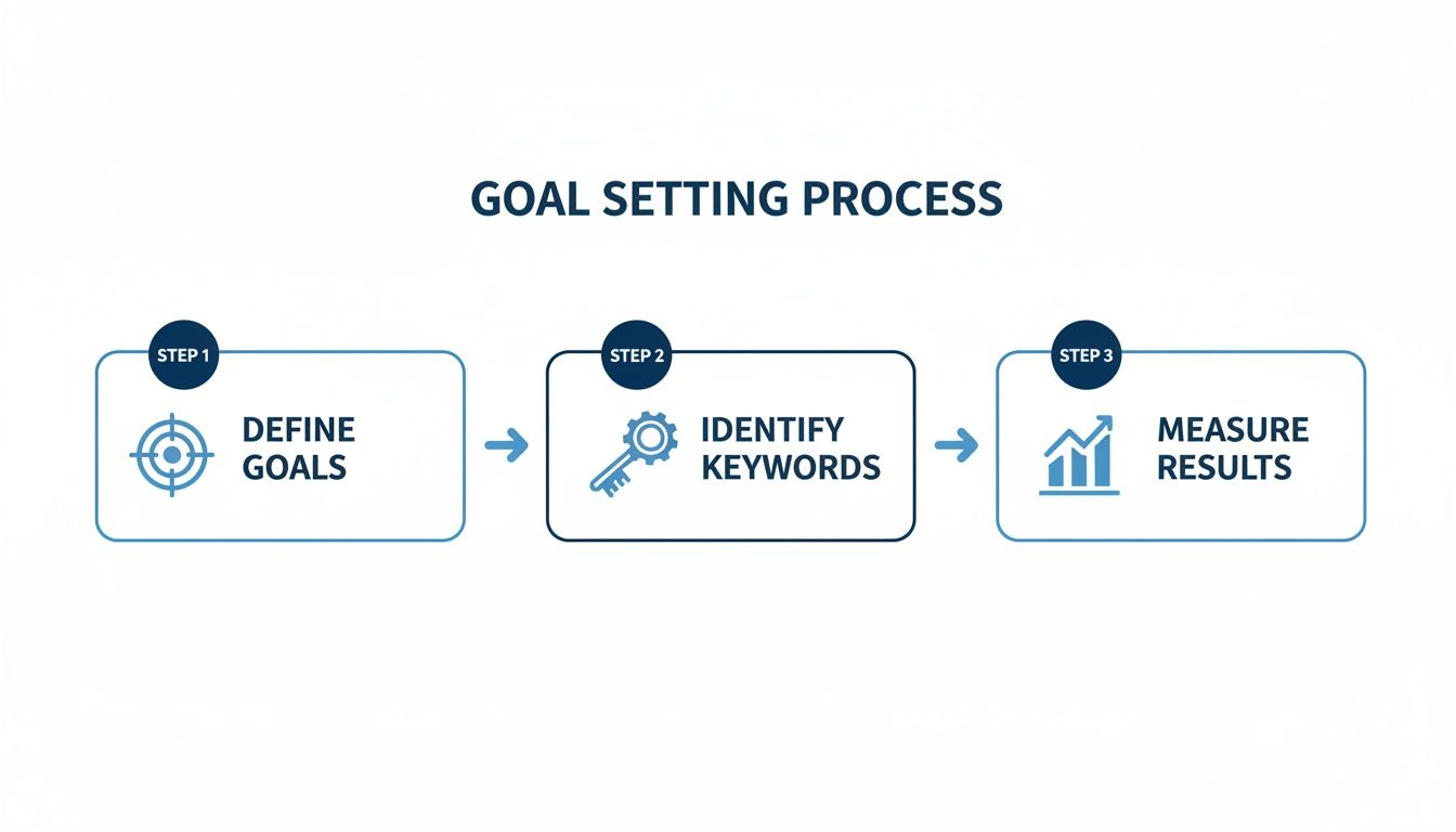 A three-step goal setting process: define goals, identify keywords, and measure results.