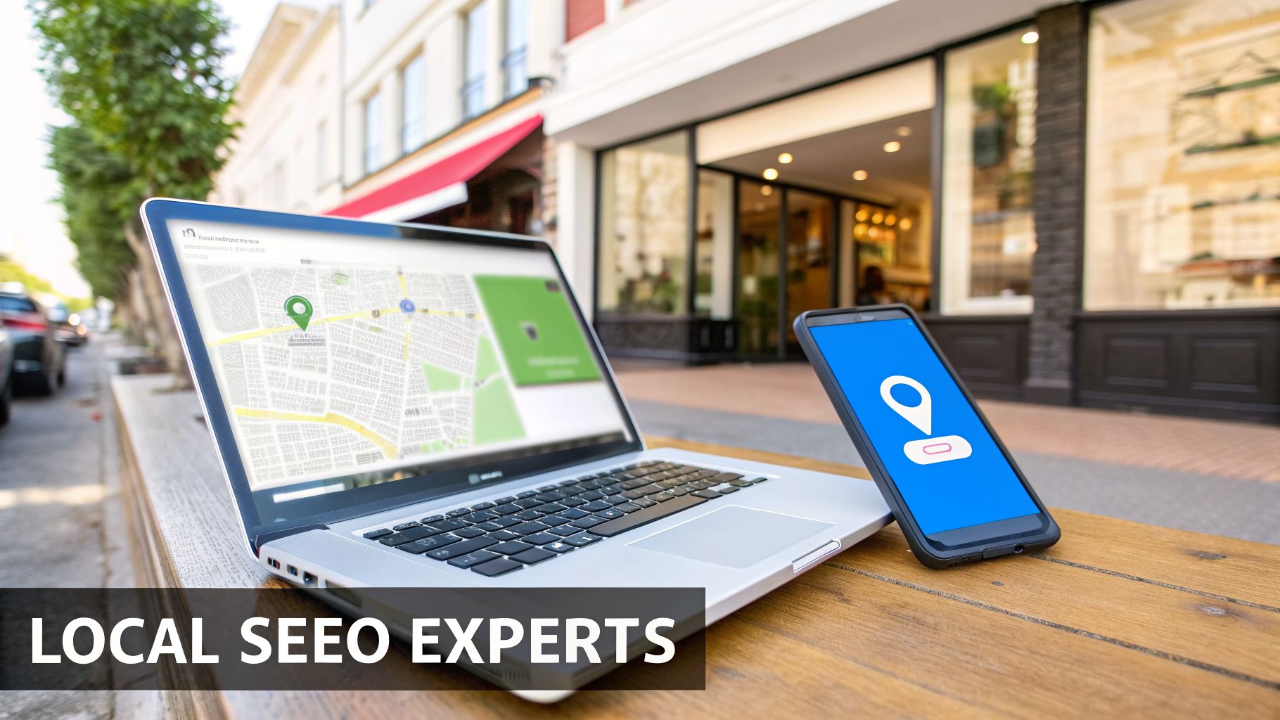 A laptop and smartphone display map applications with location pins on an outdoor wooden table, symbolizing local SEO.