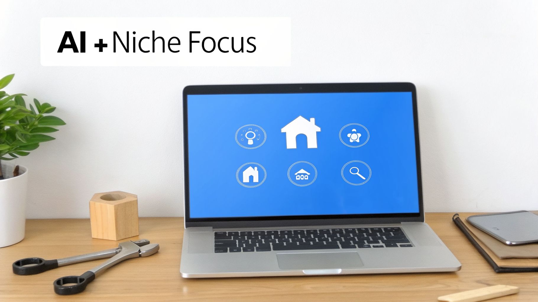 A laptop on a wooden desk displays smart home icons on a blue screen, with 'AI + Niche Focus' text.