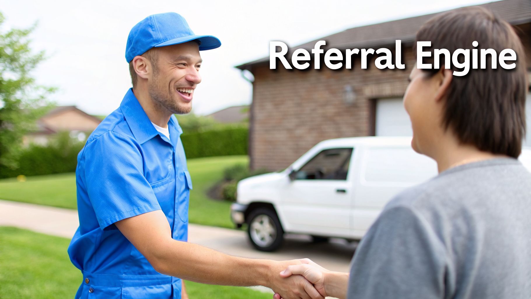 A smiling service worker in a blue uniform shakes hands with a customer, representing a referral engine.