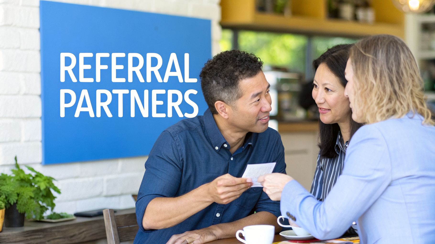Three business partners discuss referrals, with one man handing a note to a woman at a table.