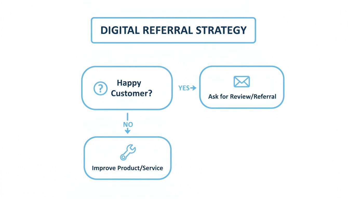 Flowchart illustrating a digital referral strategy based on customer satisfaction for reviews and improvements.