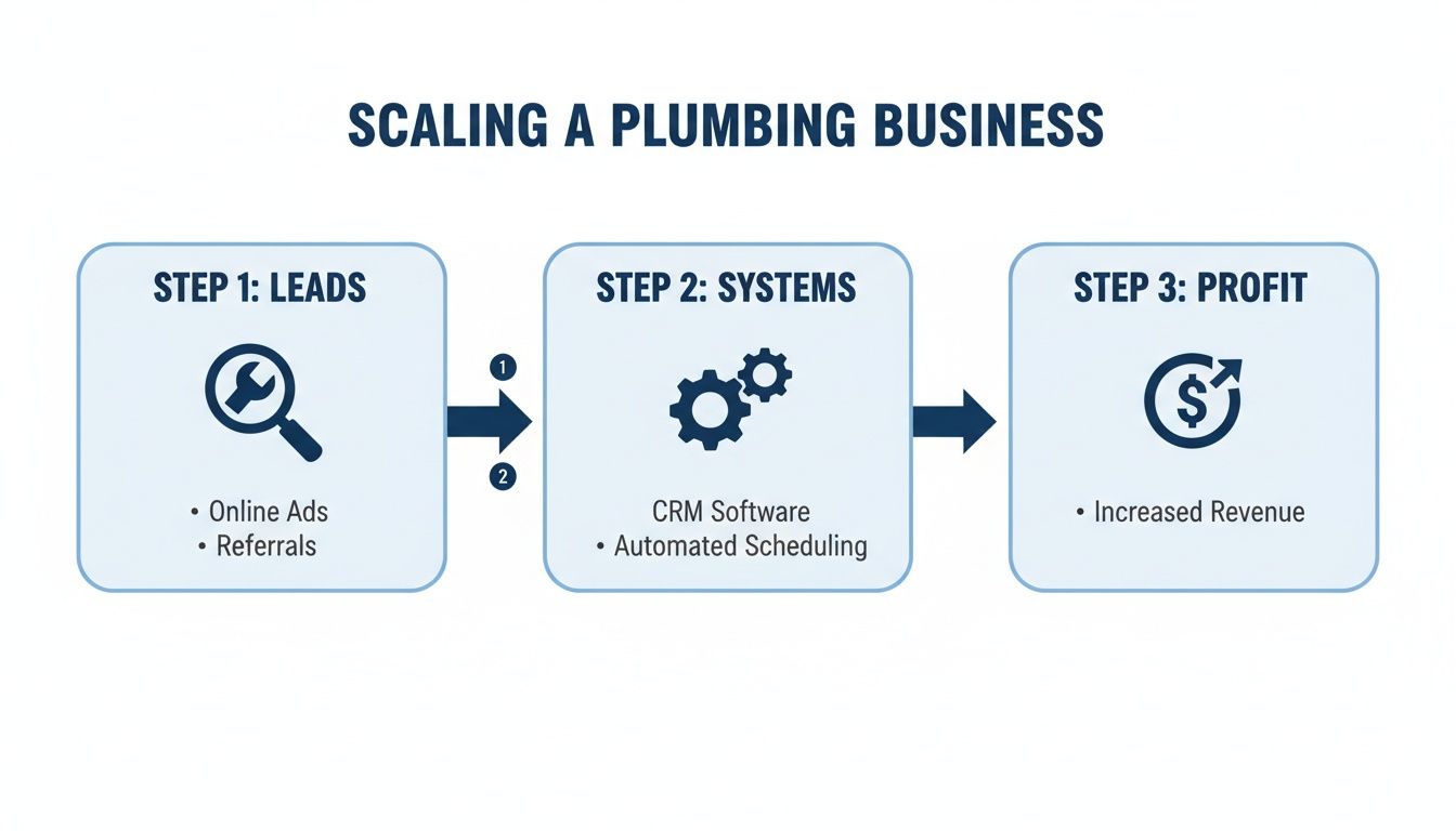 Infographic showing three steps to scale a plumbing business: leads, systems, and profit for increased revenue.