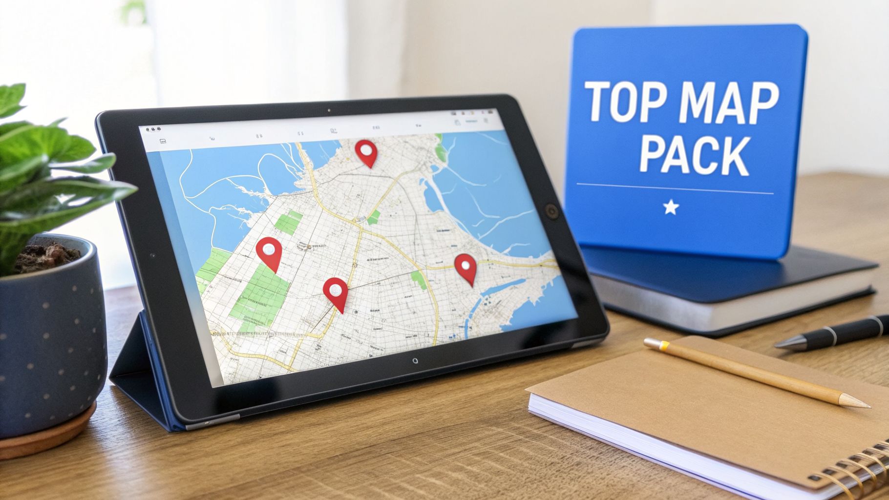 A tablet displaying a map with red location pins, beside a 'TOP MAP PACK' sign on a desk.