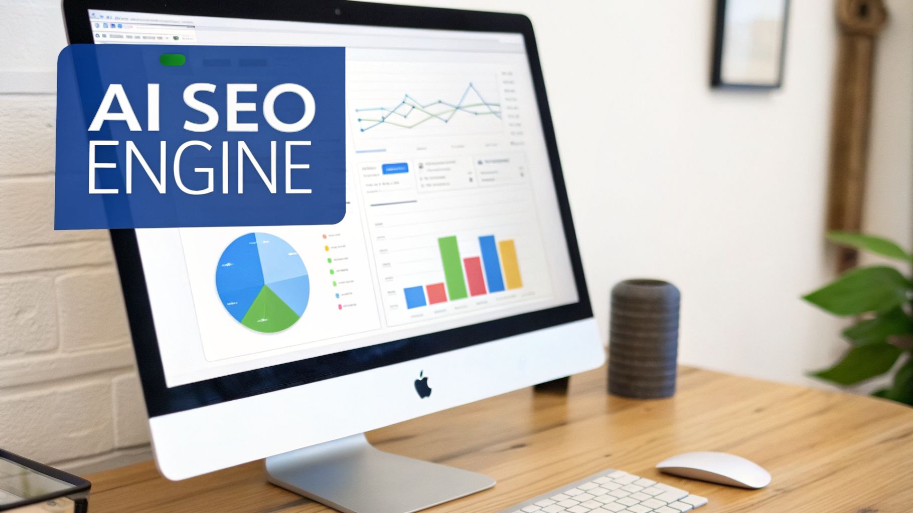 A computer monitor displays various SEO performance charts and graphs with a blue overlay reading 'AI SEO ENGINE'.