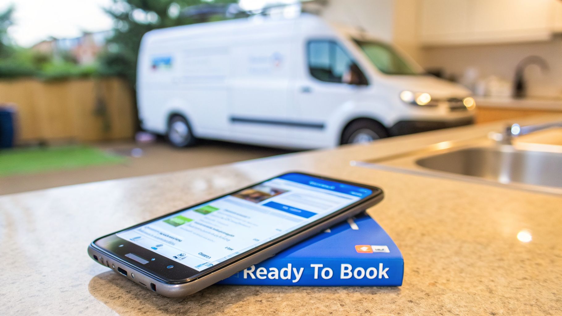 A mobile phone displaying a booking app on a 'Ready To Book' guide, with a service van outside a kitchen.