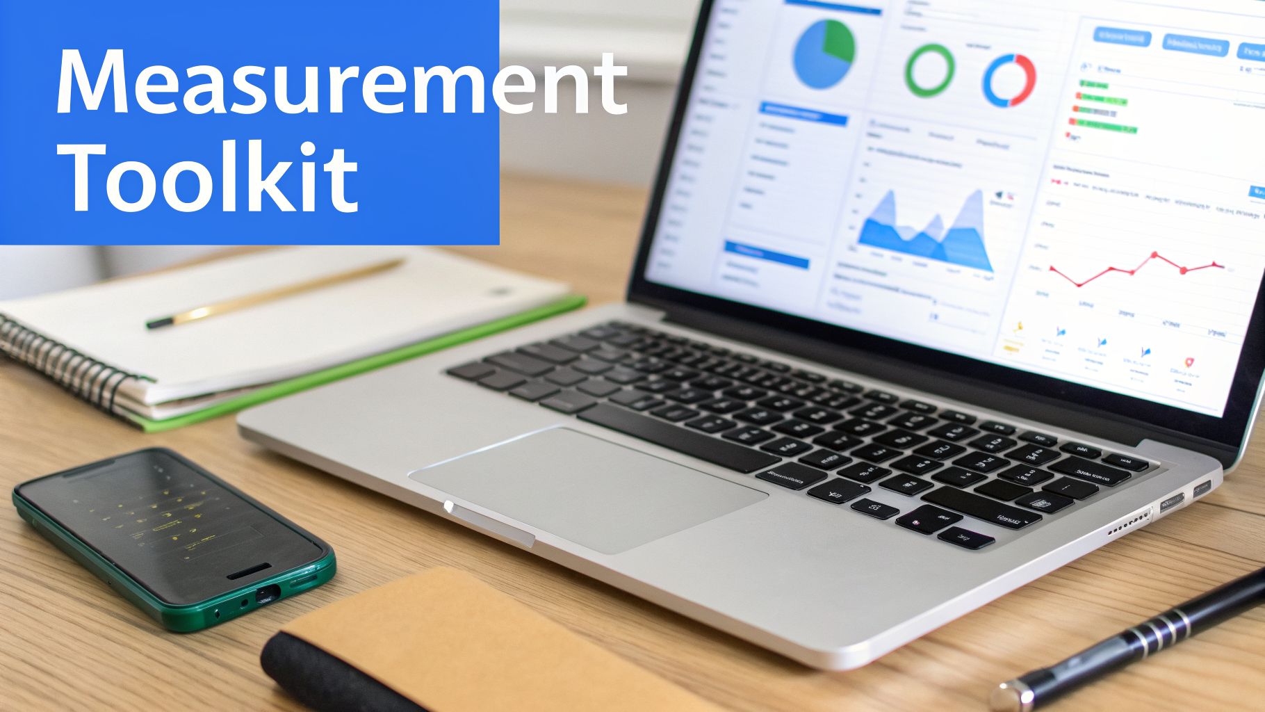A laptop displaying data analytics charts and graphs, with a smartphone and notebook on a wooden desk.