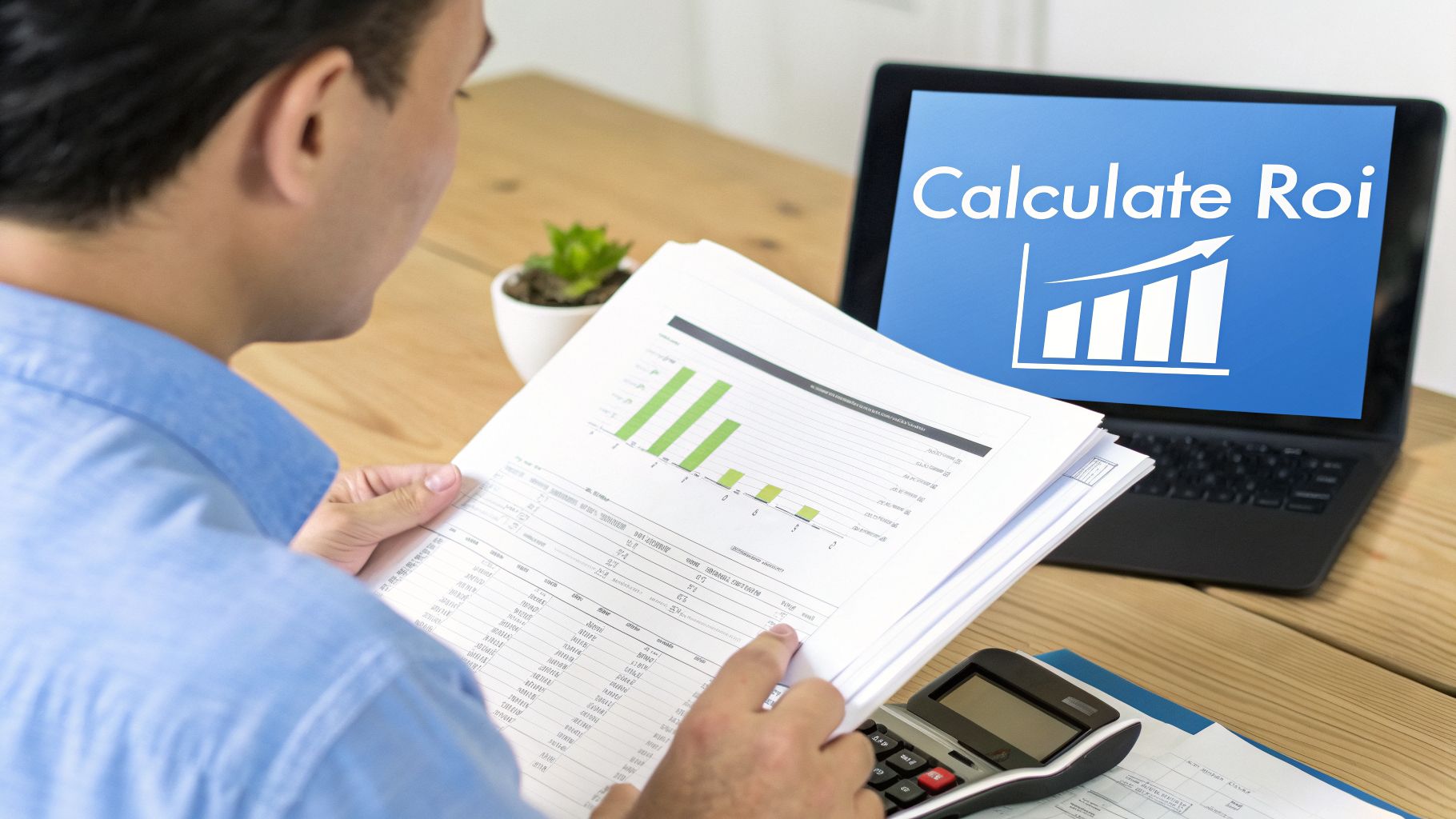 A man analyzing financial reports and charts, with a laptop displaying 'Calculate ROI' and a calculator.