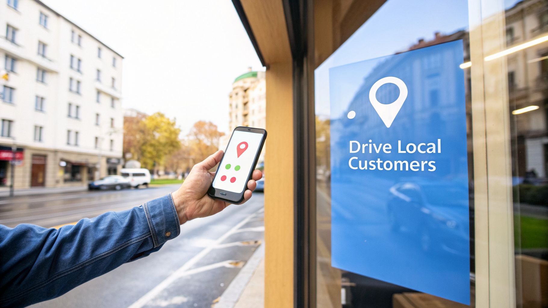 A hand holding a smartphone displaying a location pin, pointing towards a store window with a "Drive Local Customers" sign.