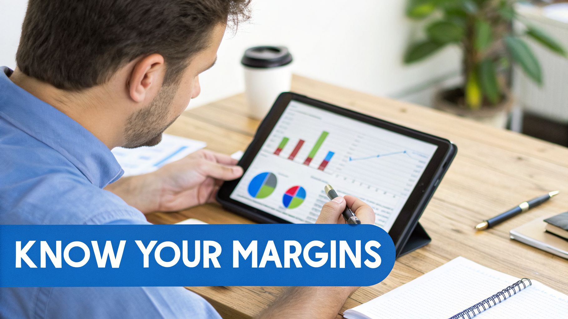 Man analyzing business charts and graphs on a tablet to understand financial margins and profits.