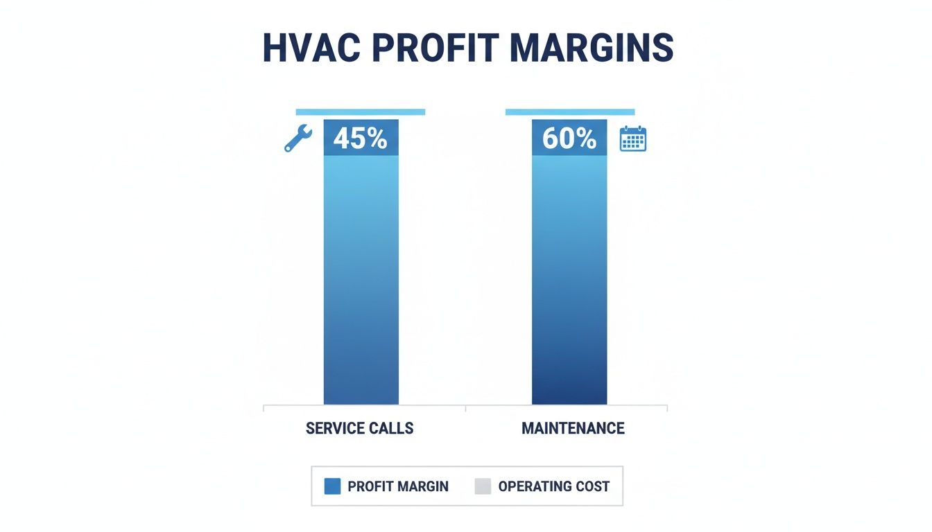 Bar chart displaying HVAC profit margins: 45% for service calls and 60% for maintenance.