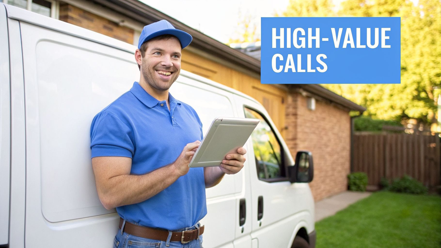 A smiling delivery man in a blue uniform uses a tablet, leaning against a white van, with text 'HIGH-VALUE CALLS'.