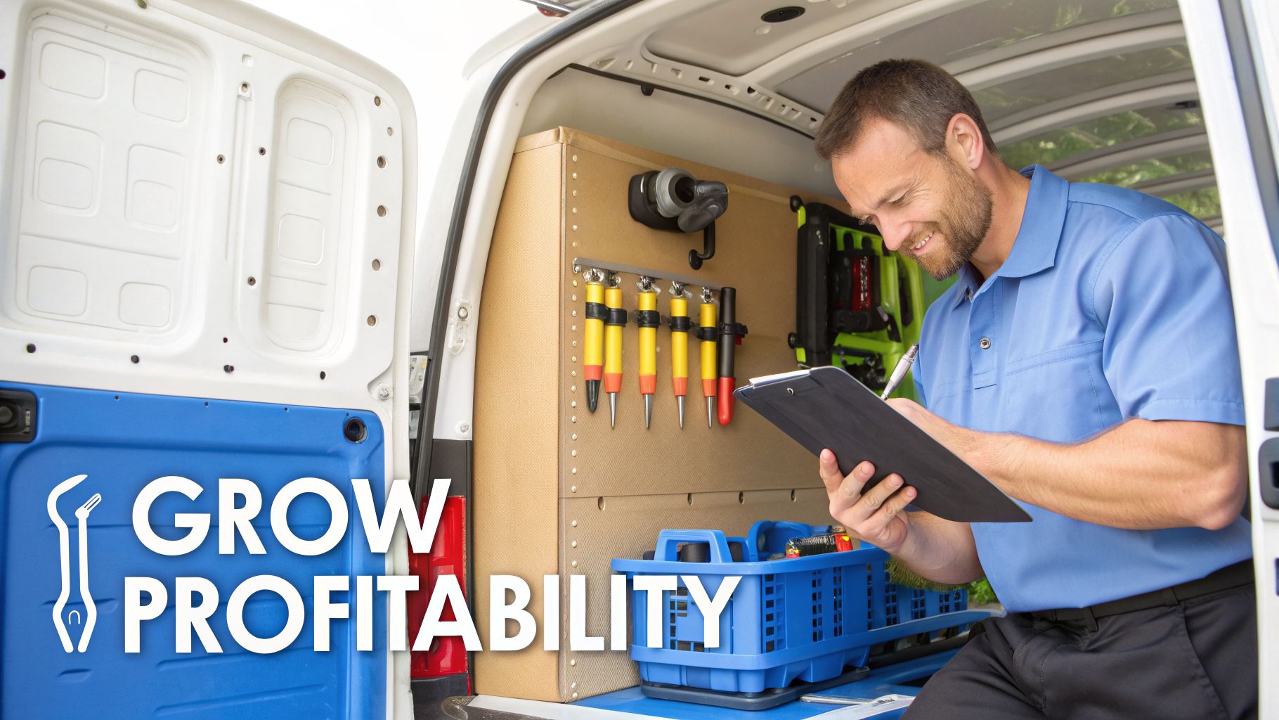 Happy service technician in a blue shirt taking notes inside a well-equipped work van.
