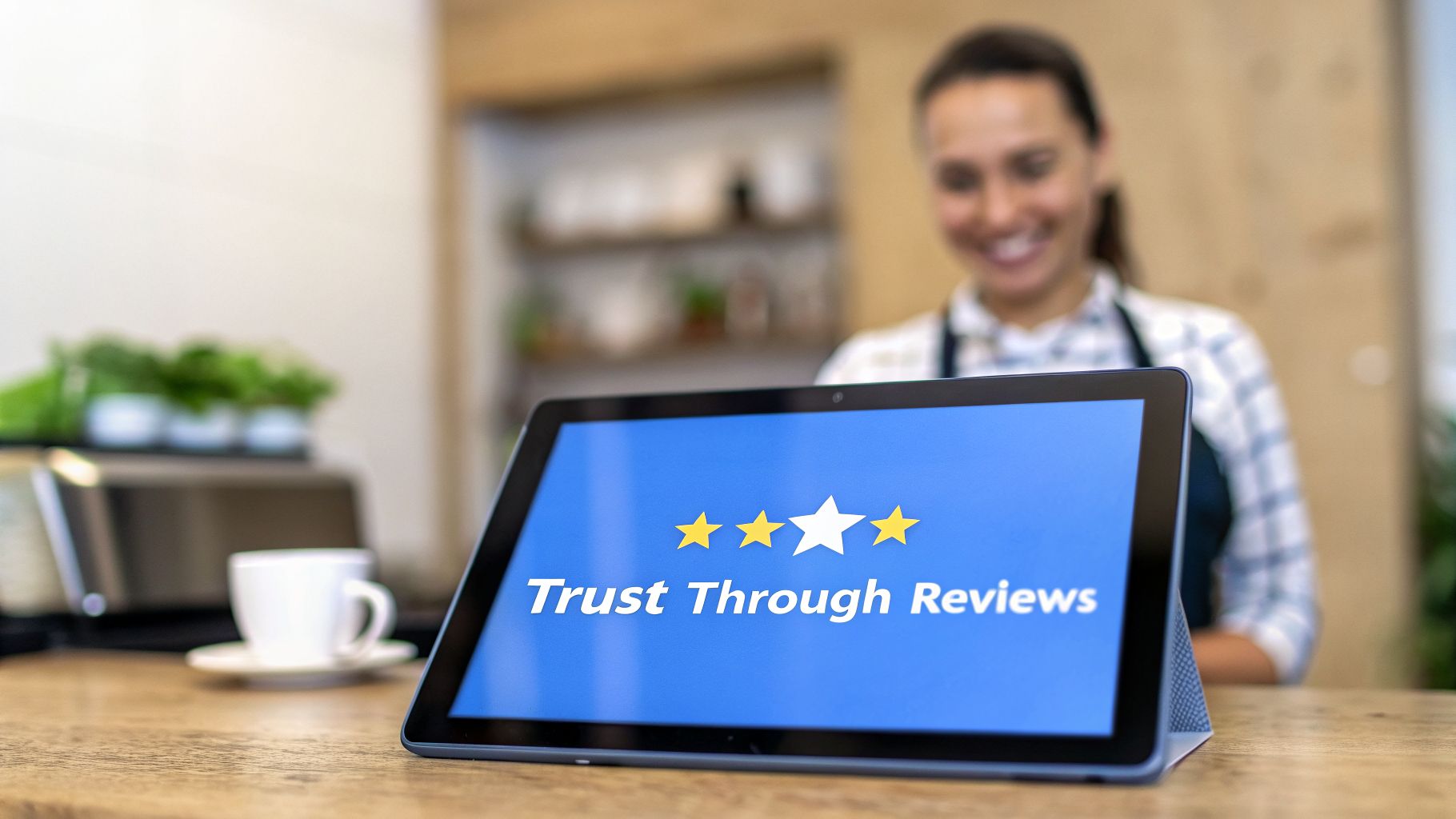 A tablet displaying 'Trust Through Reviews' with a 3-star rating on a counter, with a smiling woman in the background.