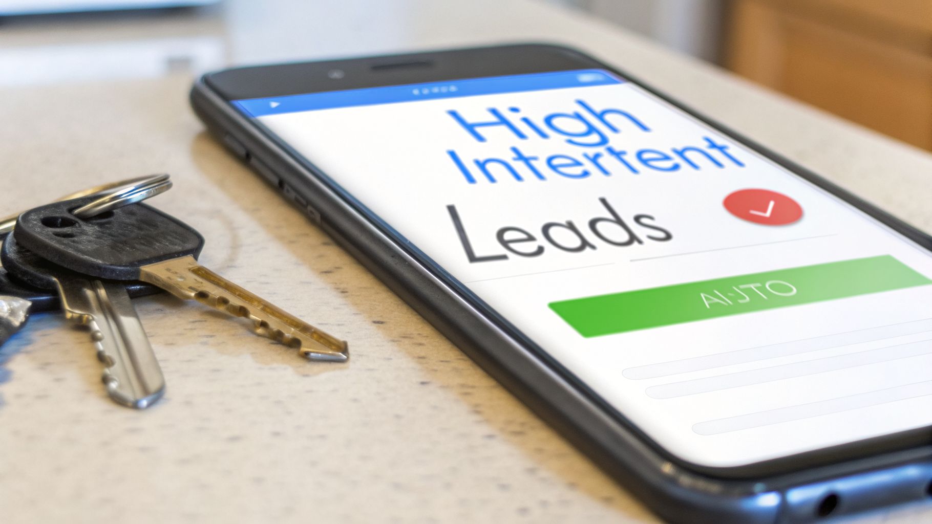 A smartphone displays 'High Intermittent Leads' with an 'AUTO' button, next to keys on a table.