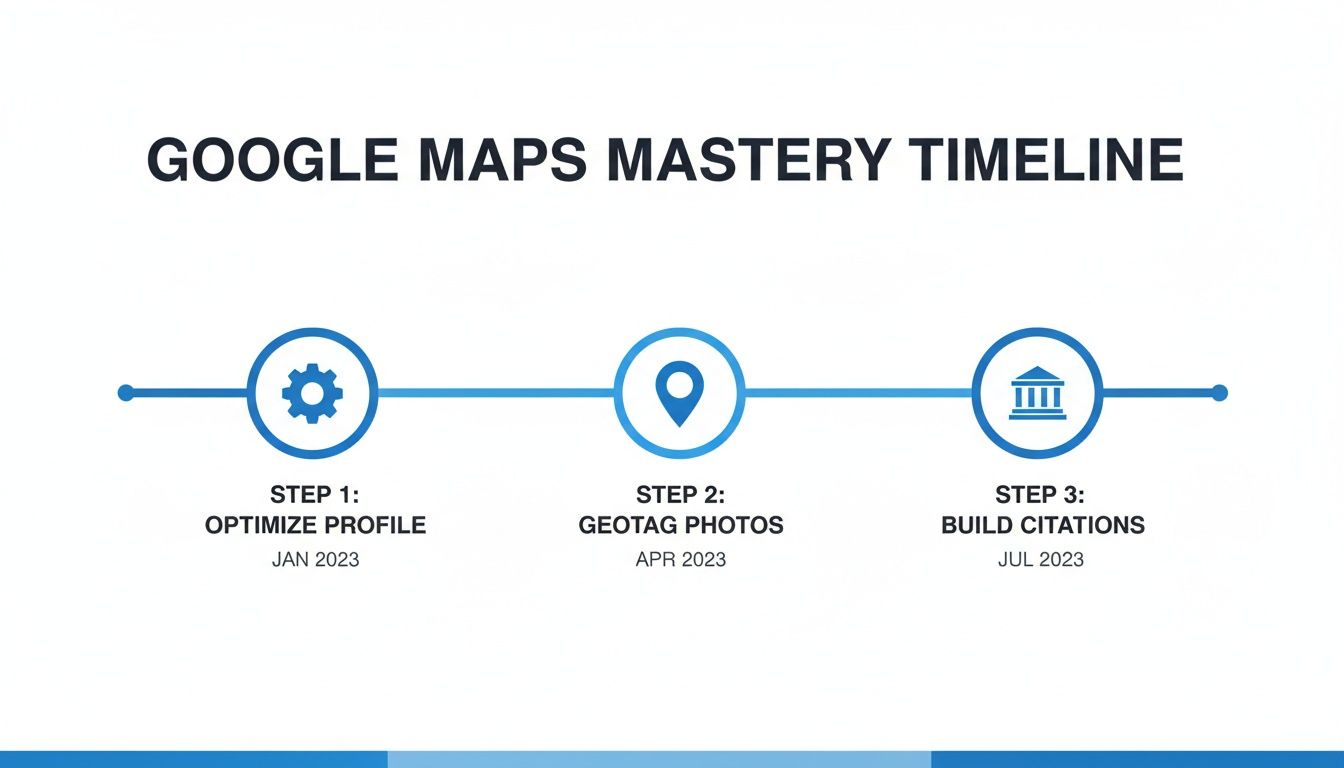 A Google Maps Mastery Timeline illustrating three steps: Optimize Profile, Geotag Photos, and Build Citations with dates.
